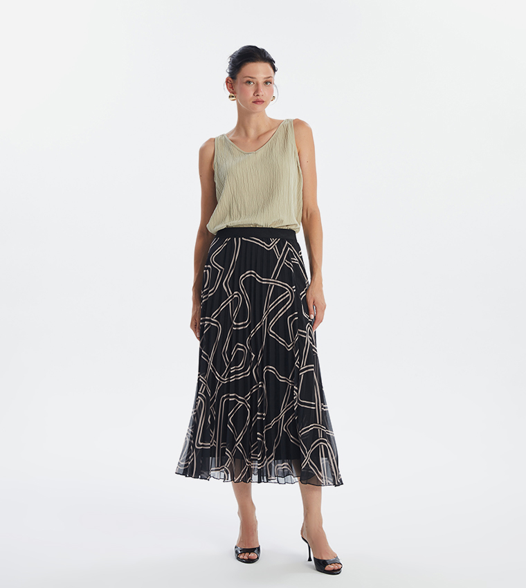 Patterned Elastic Waist Chiffon Midi Skirt
