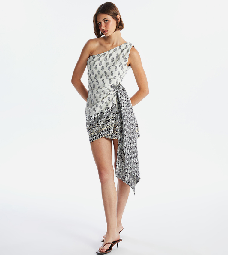 Patterned One Shoulder Mini Dress