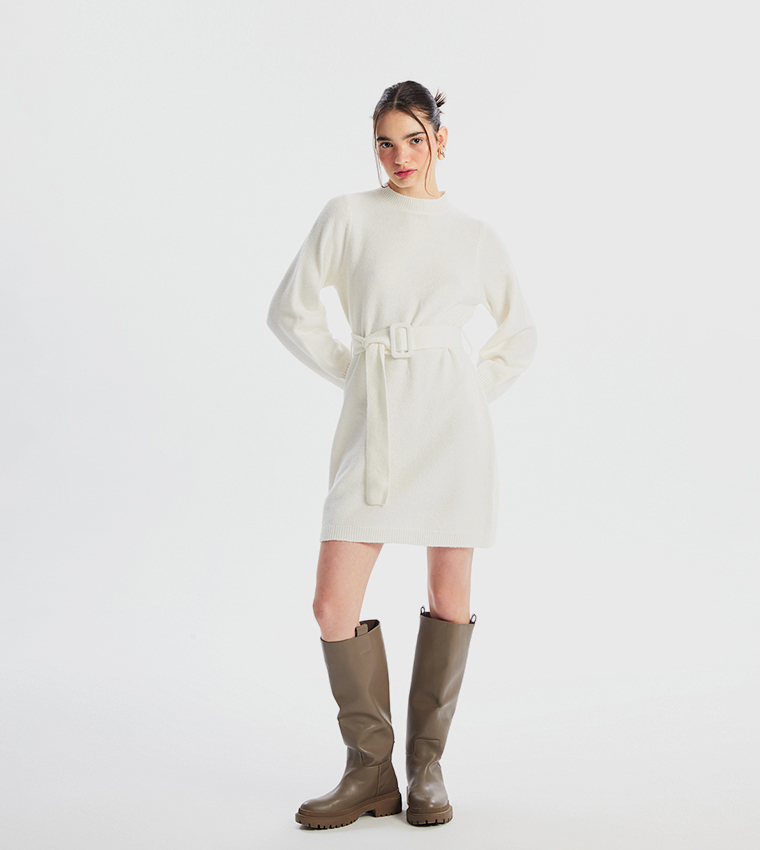 Belted Long Sleeves Sweater Dress