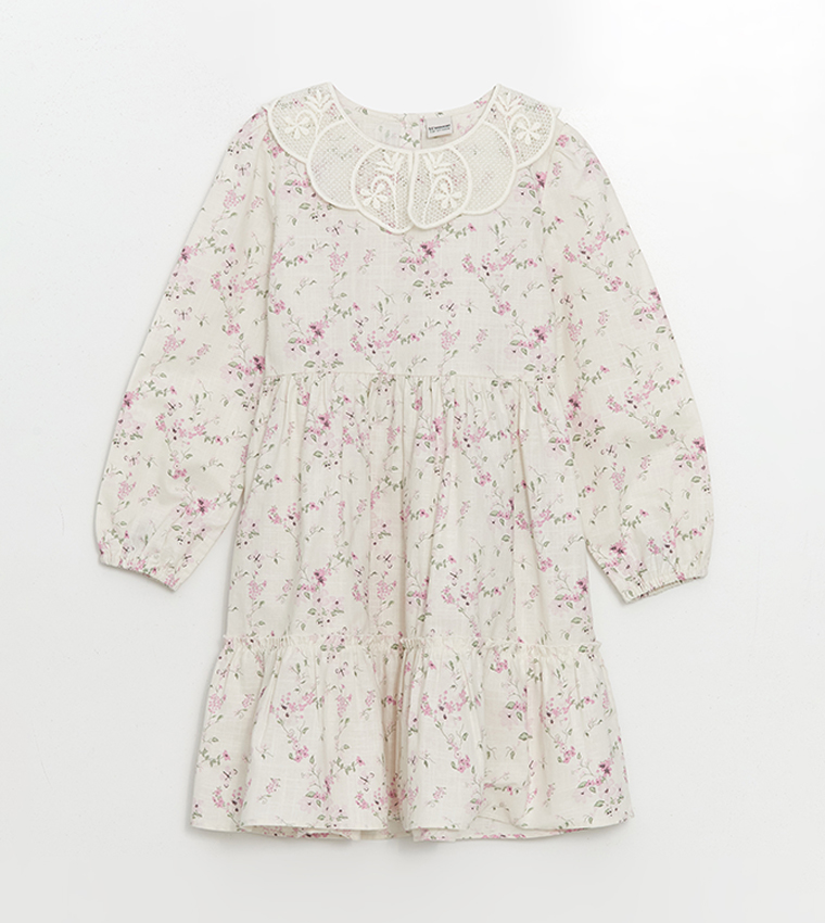 Floral Printed Lace Trim Tiered Dress