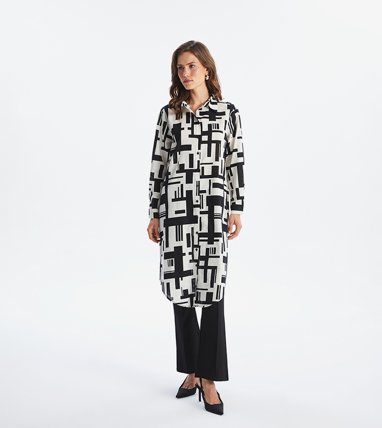 Patterned Long Sleeves Poplin Tunic Shirt