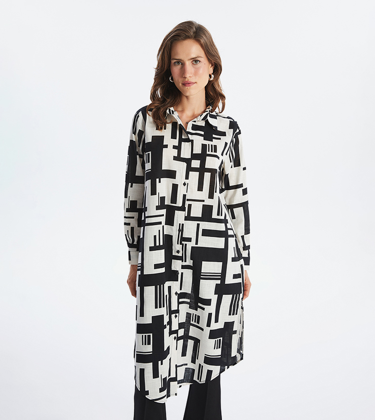 Patterned Long Sleeves Poplin Tunic Shirt