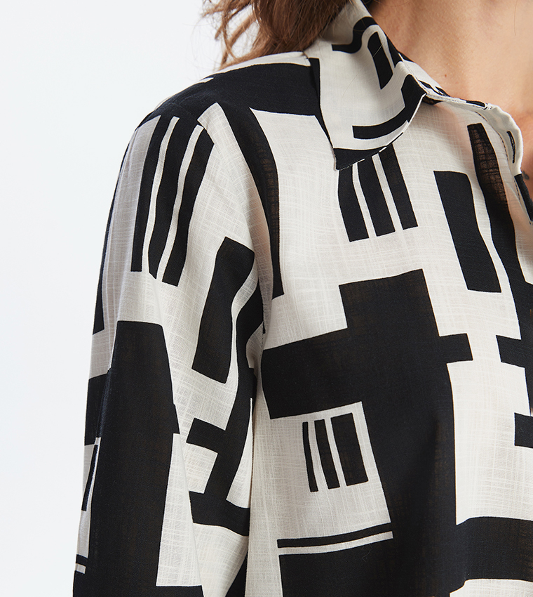 Patterned Long Sleeves Poplin Tunic Shirt