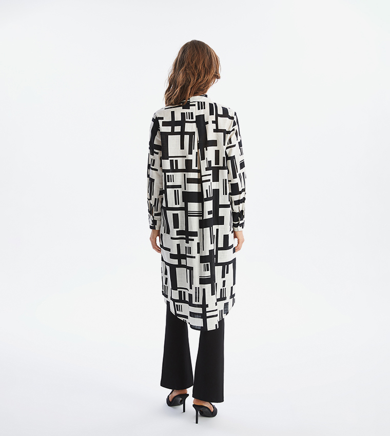 Patterned Long Sleeves Poplin Tunic Shirt