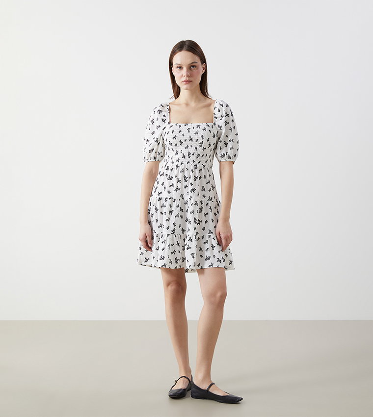 Floral Printed Puff Sleeves Mini Dress