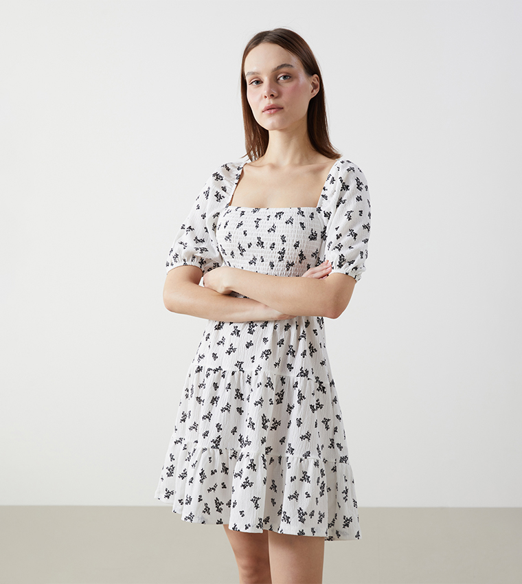 Floral Printed Puff Sleeves Mini Dress