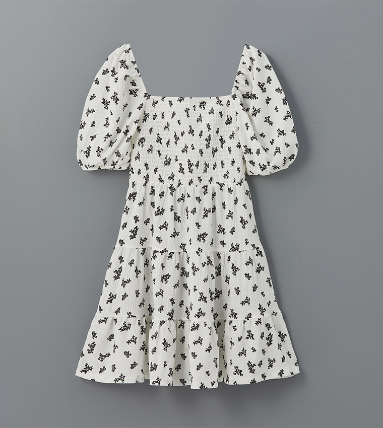 Floral Printed Puff Sleeves Mini Dress