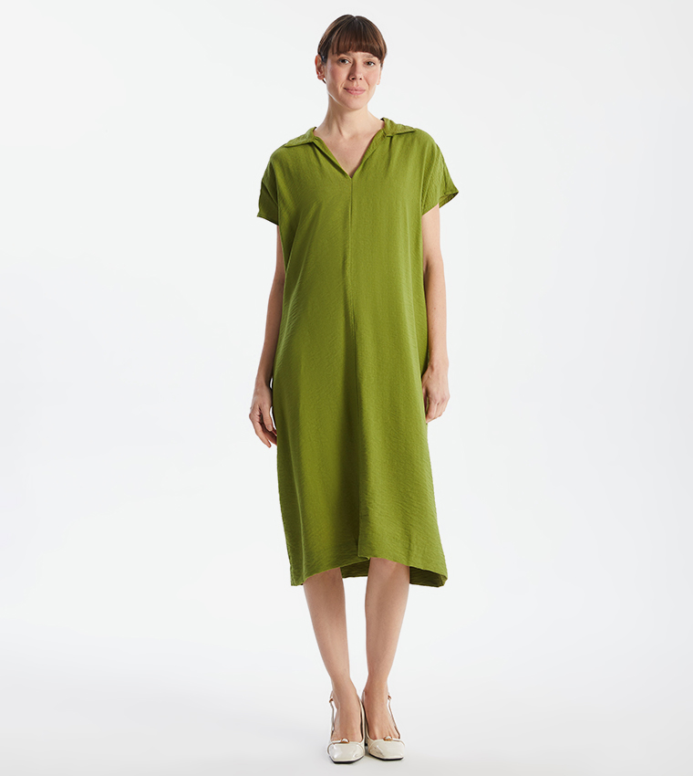 Crinkled Collared Shift Sack Midi Dress