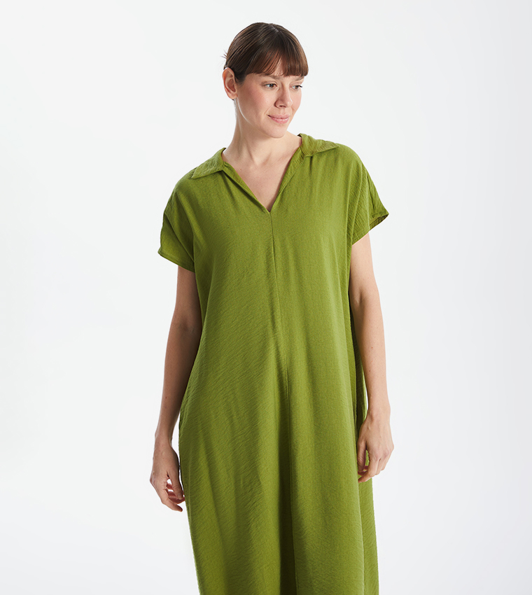 Crinkled Collared Shift Sack Midi Dress