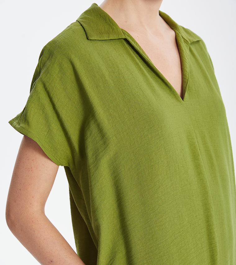 Crinkled Collared Shift Sack Midi Dress