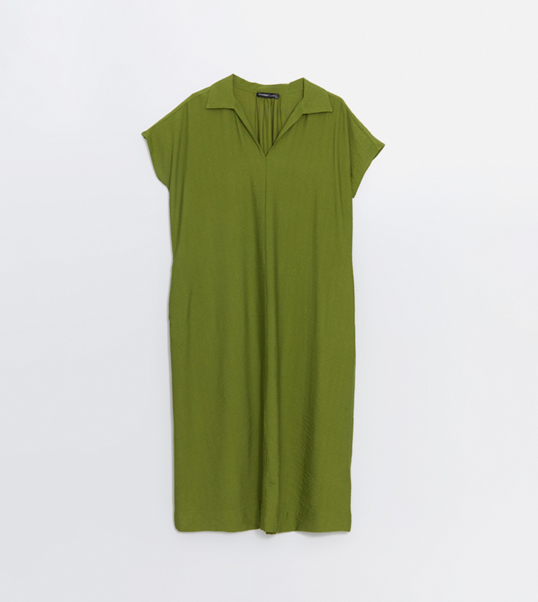 Crinkled Collared Shift Sack Midi Dress