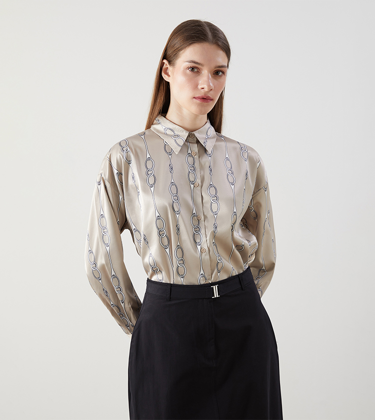 Patterned Long Sleeves Satin Shirt
