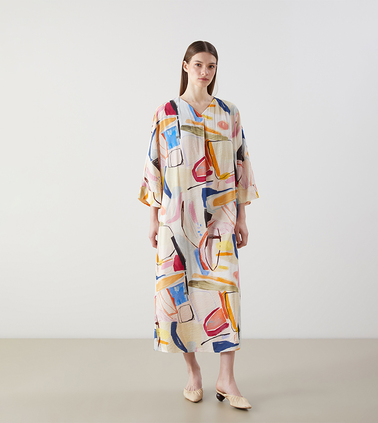 Patterned V-Neck Oversize Midi Dress