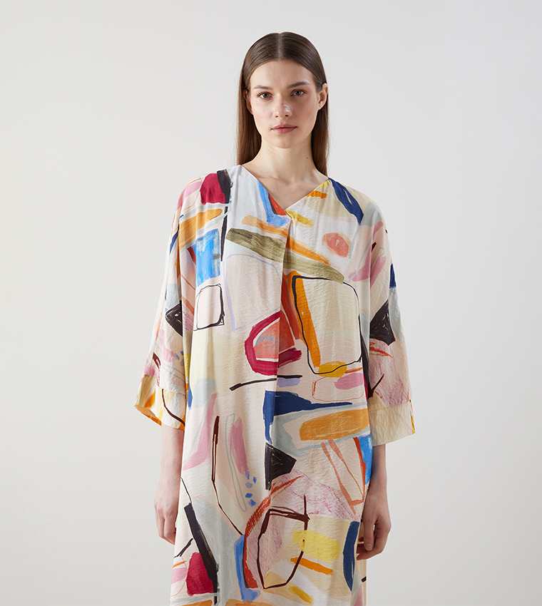 Patterned V-Neck Oversize Midi Dress