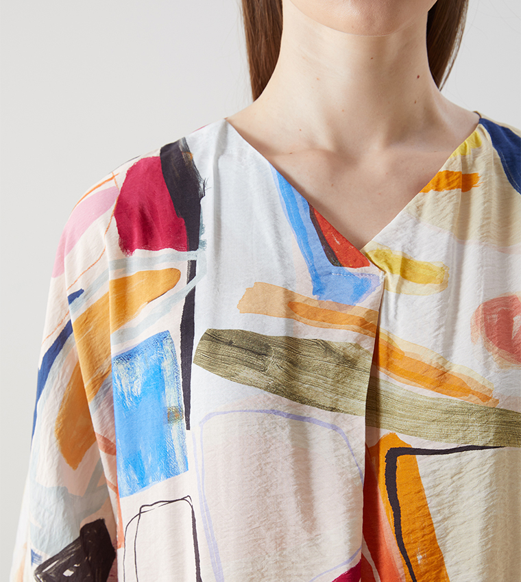 Patterned V-Neck Oversize Midi Dress