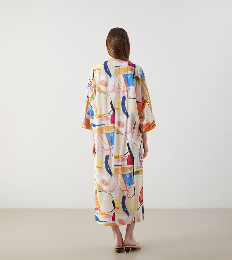 Patterned V-Neck Oversize Midi Dress