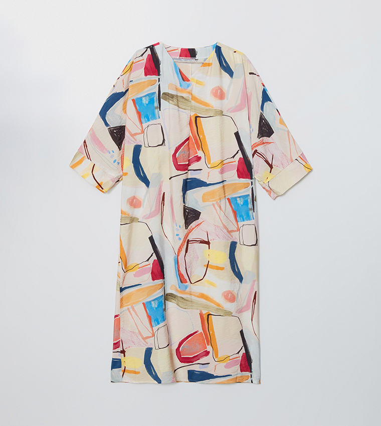 Patterned V-Neck Oversize Midi Dress