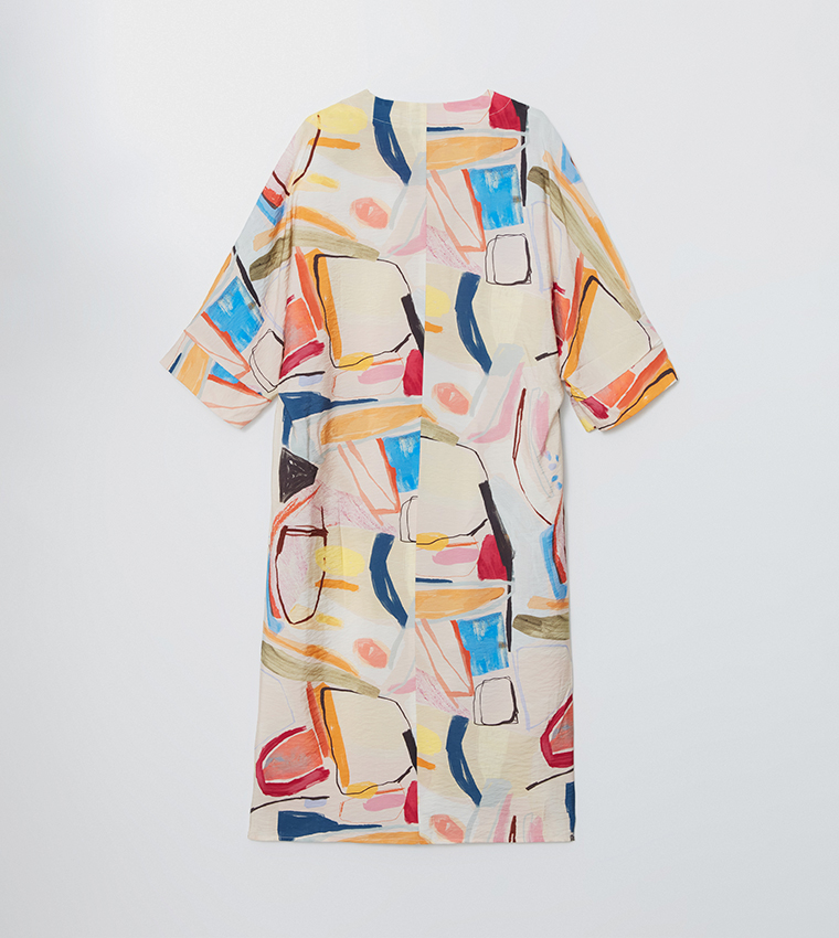 Patterned V-Neck Oversize Midi Dress