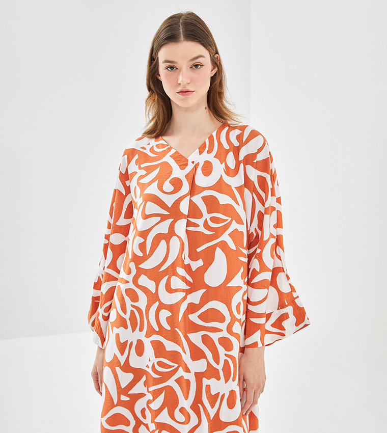Printed Long Sleeves Midi Dress