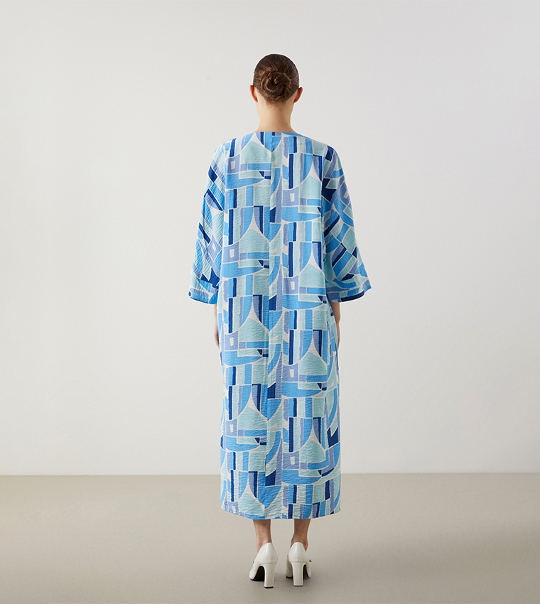 Patterned V-Neck Oversize Midaxi Dress