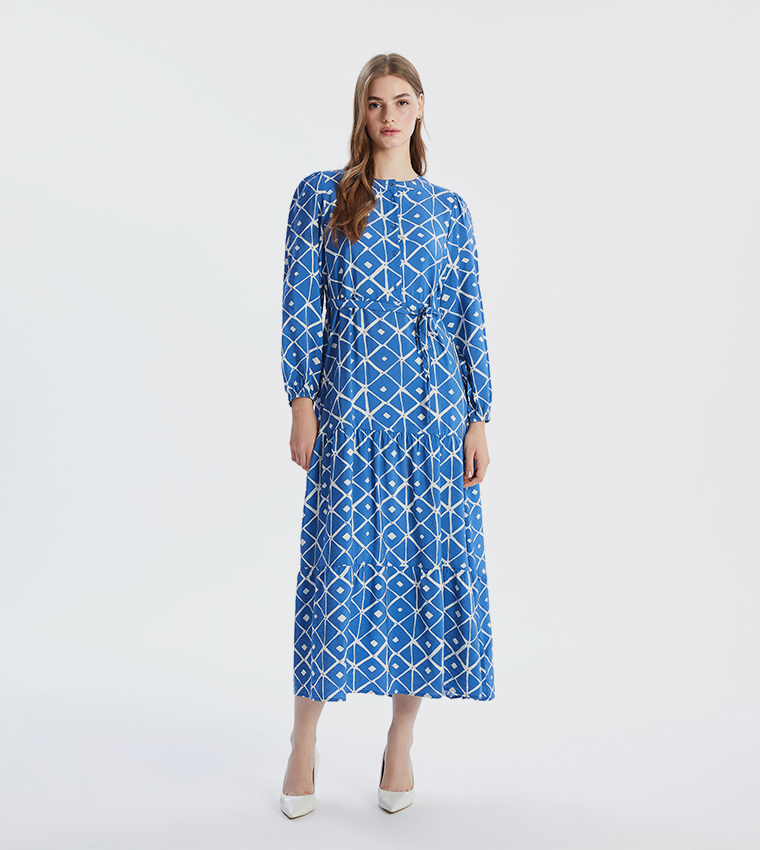 Patterned Long Sleeves Tiered Dress