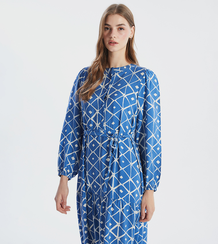 Patterned Long Sleeves Tiered Dress