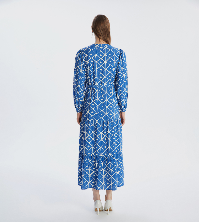 Patterned Long Sleeves Tiered Dress