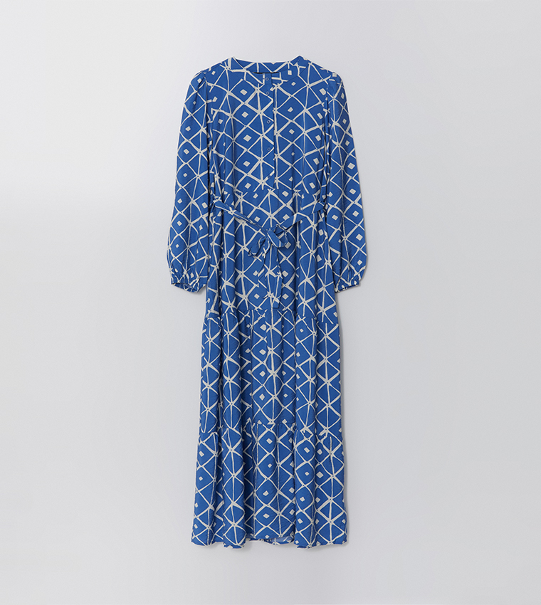 Patterned Long Sleeves Tiered Dress