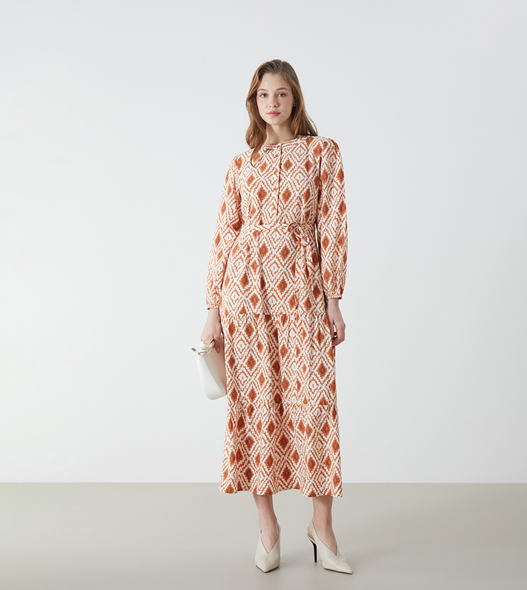 Patterned Long Sleeves Midaxi Dress