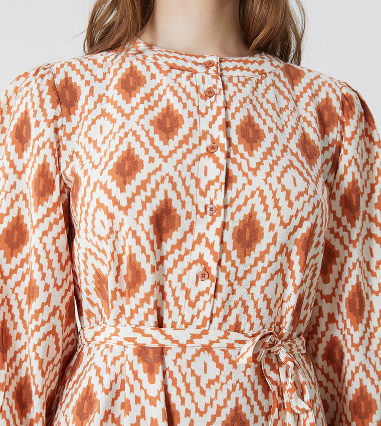 Patterned Long Sleeves Midaxi Dress