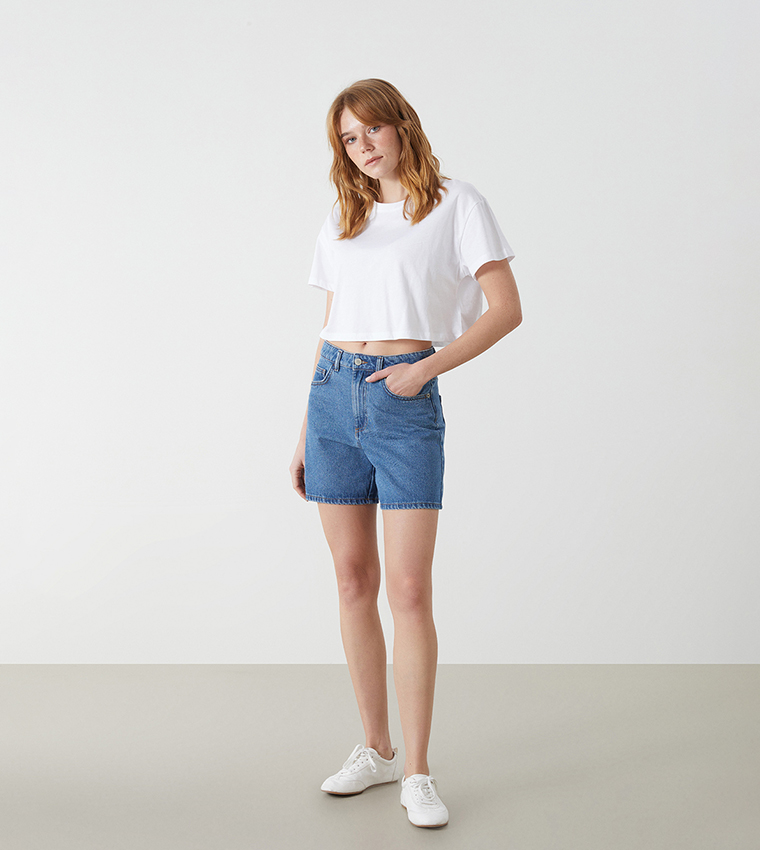 Washed High Waist Denim Shorts