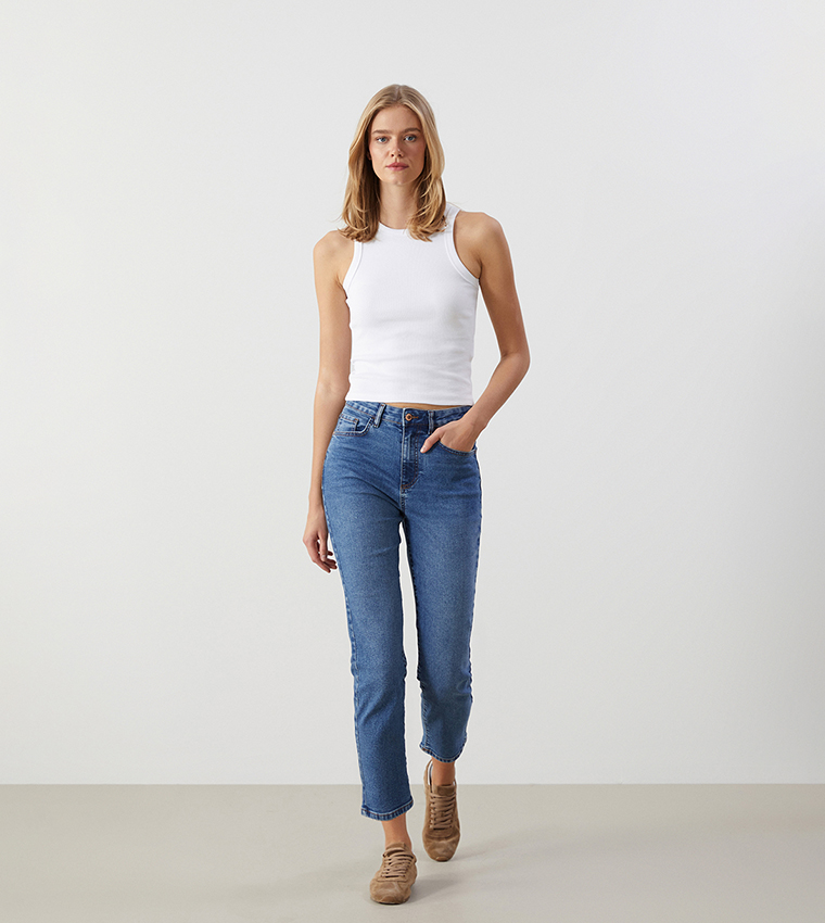 Washed High Waist Slim Fit Jeans