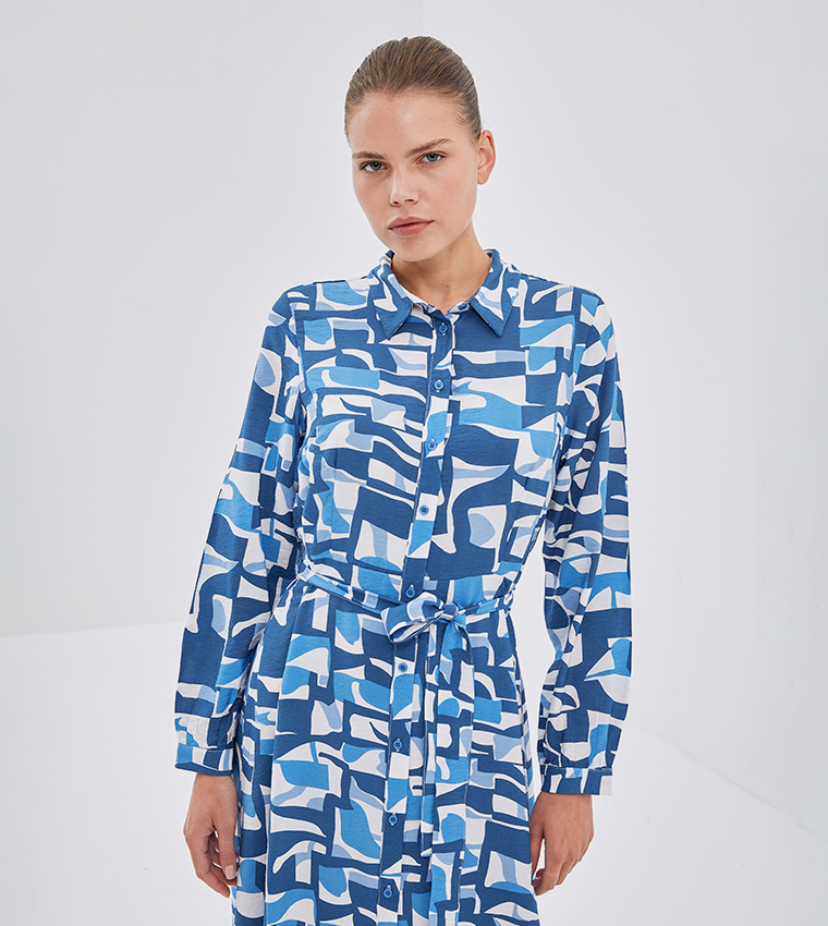 Patterned Long Sleeves Shirt Dress