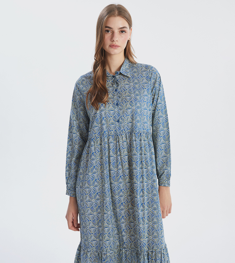 Patterned Long Sleeves Shirt Dress