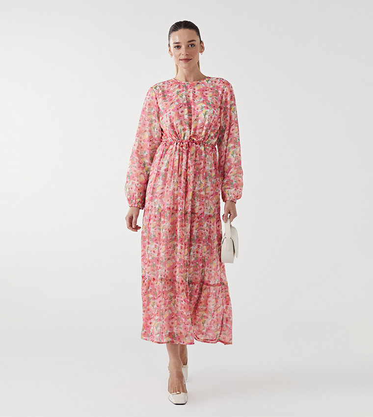 Patterned Long Sleeves Tiered Dress