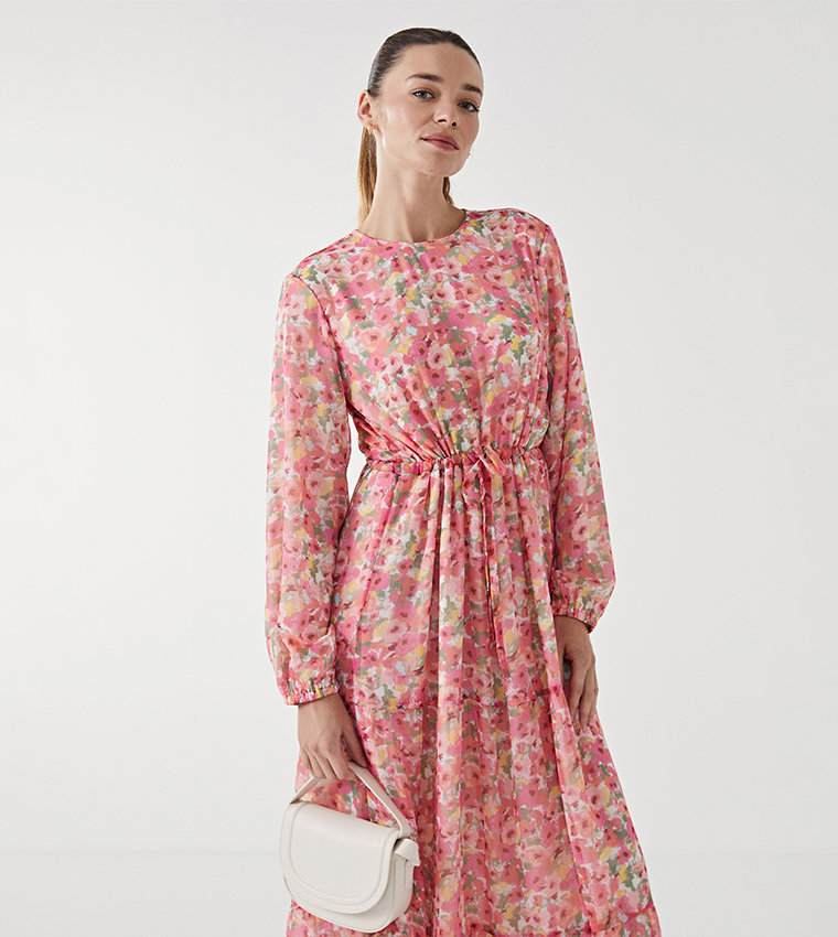Patterned Long Sleeves Tiered Dress