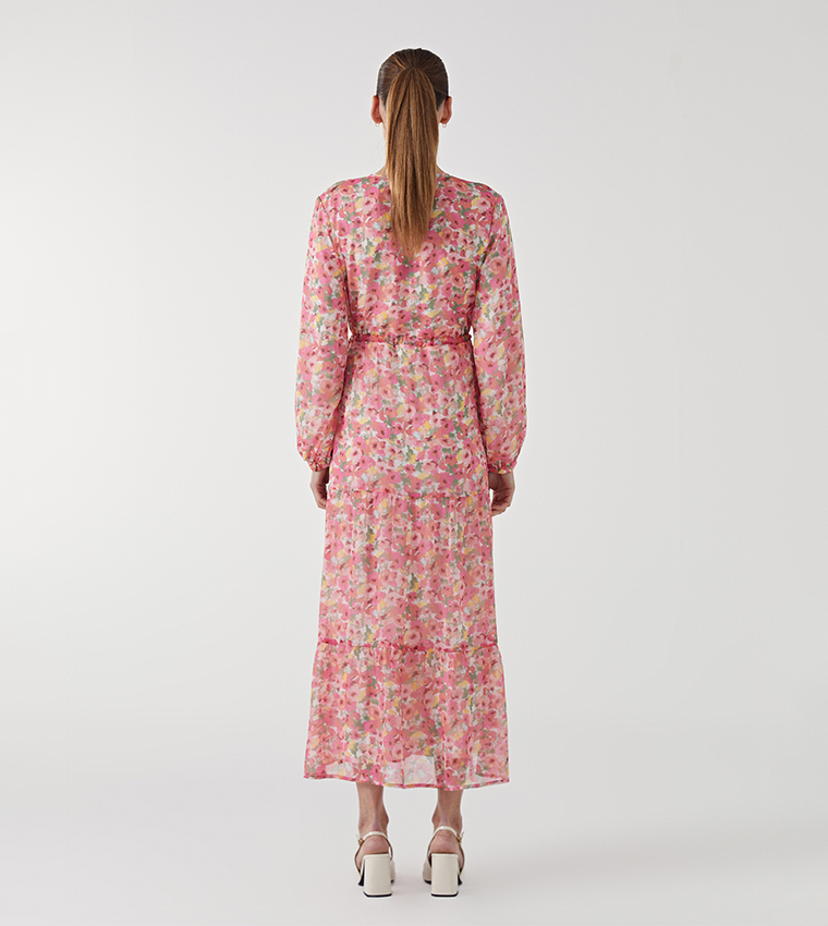 Patterned Long Sleeves Tiered Dress