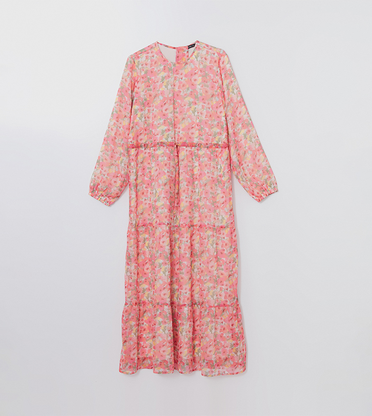 Patterned Long Sleeves Tiered Dress