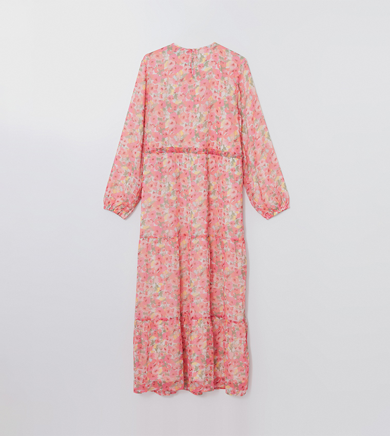 Patterned Long Sleeves Tiered Dress