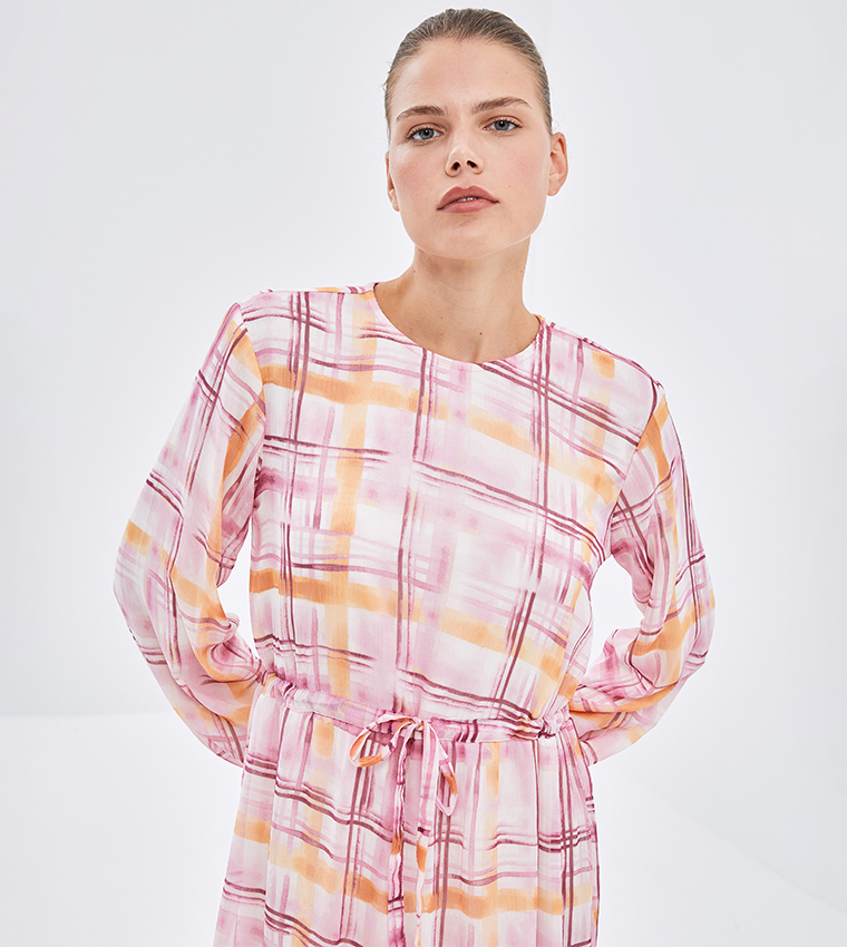 Patterned Long Sleeves Tiered Dress