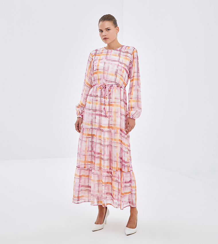 Patterned Long Sleeves Tiered Dress