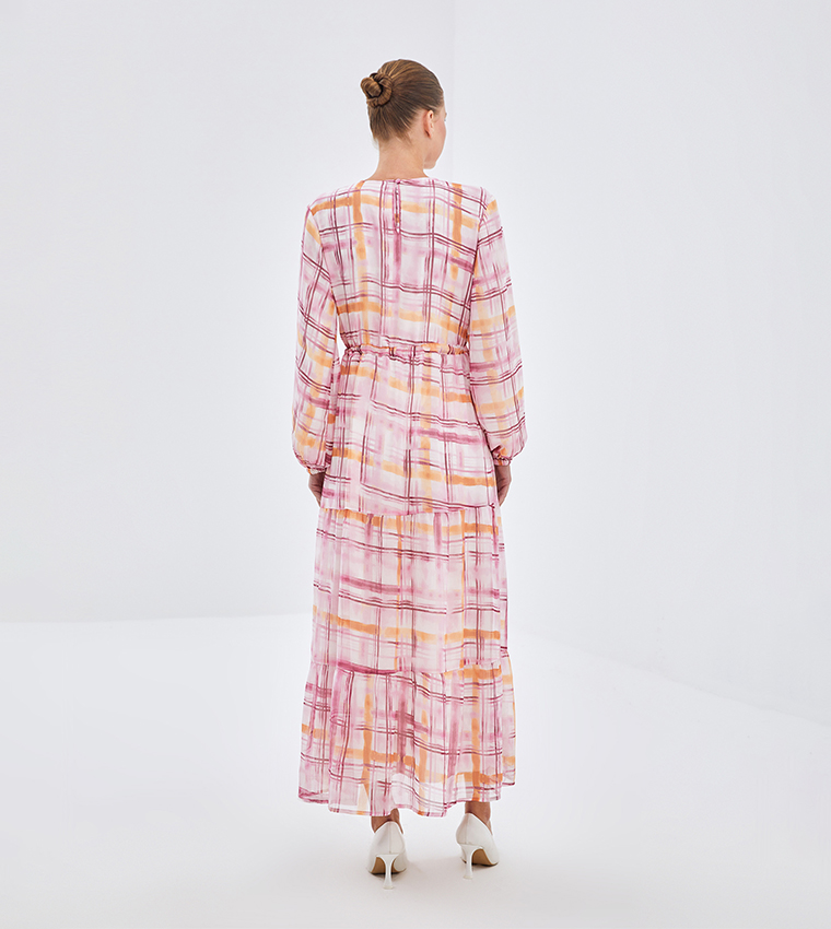 Patterned Long Sleeves Tiered Dress
