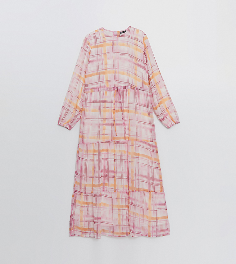 Patterned Long Sleeves Tiered Dress
