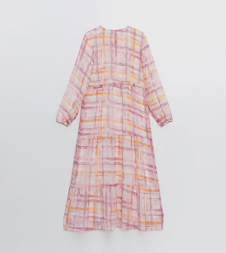 Patterned Long Sleeves Tiered Dress