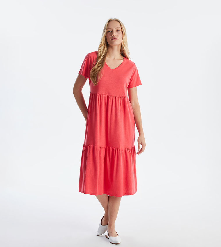 Buy LC Waikiki Solid Short Sleeves Midi Dress In Orange