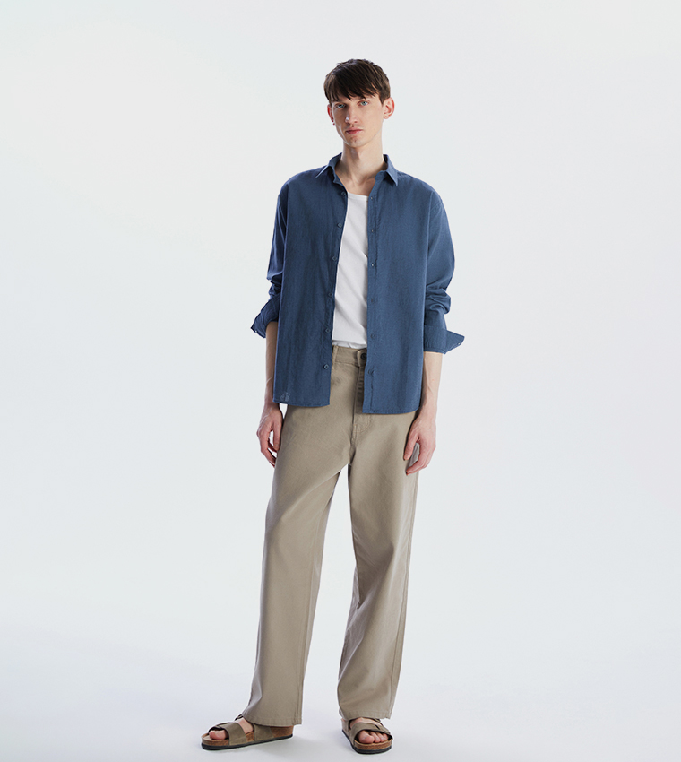 Linen-Blend Regular Fit Long Sleeves Shirt