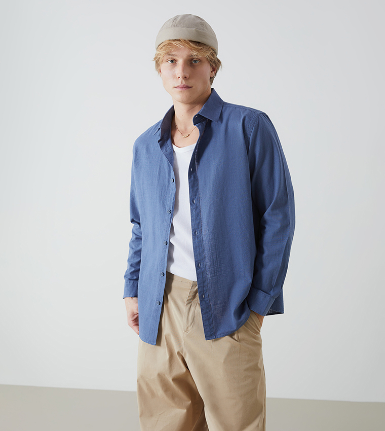 Linen-Blend Regular Fit Long Sleeves Shirt