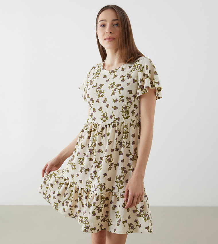 Floral Printed Crew Neck Mini Dress