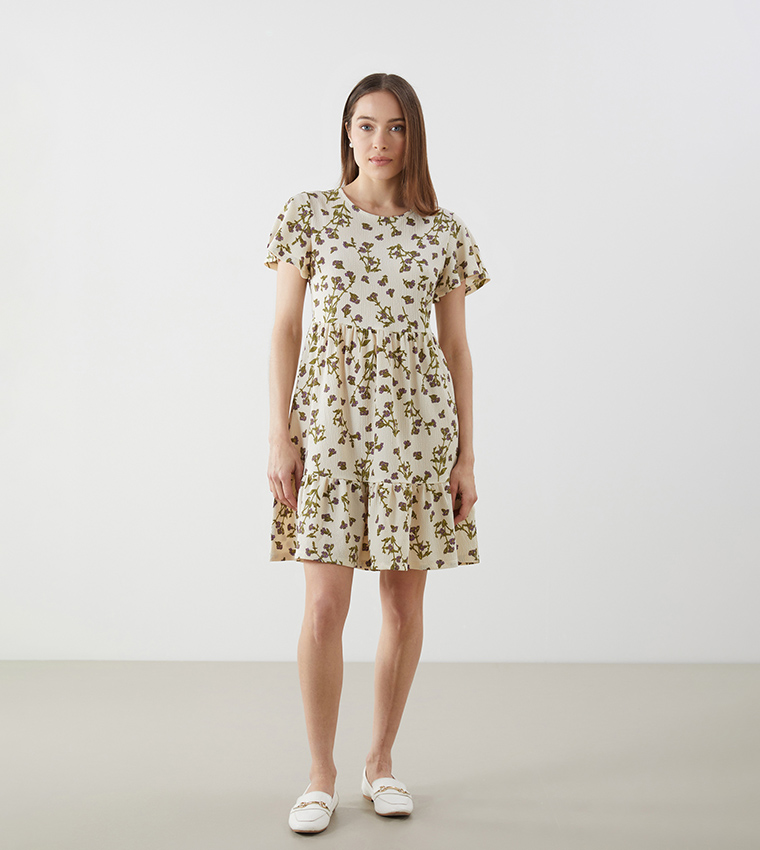 Floral Printed Crew Neck Mini Dress