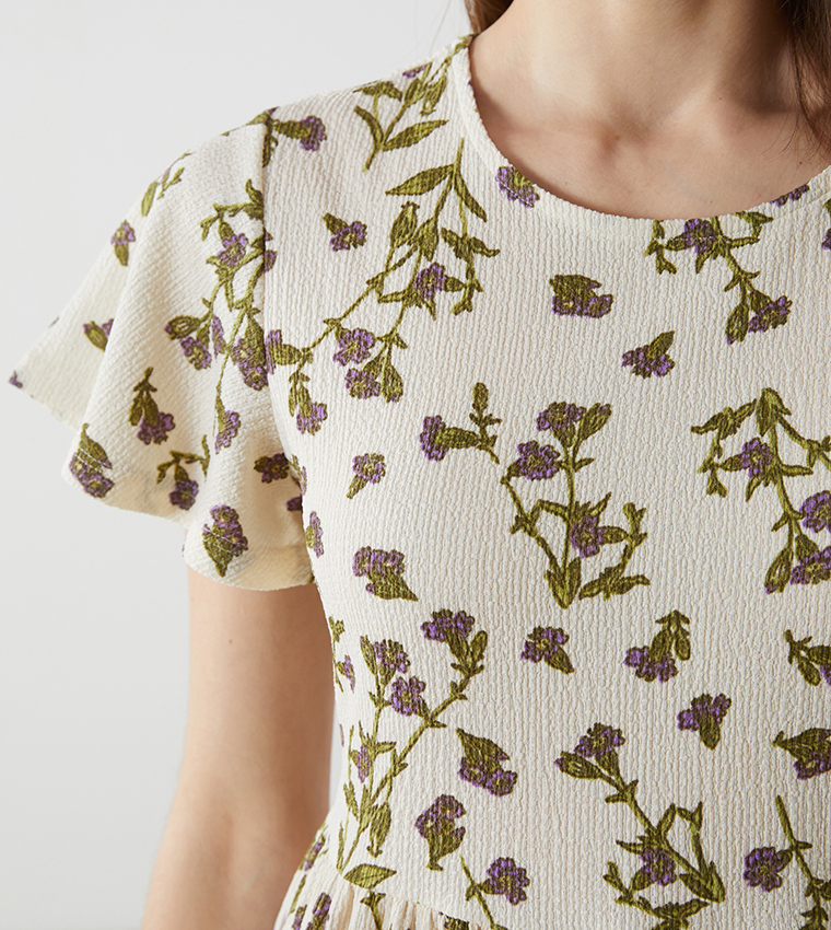 Floral Printed Crew Neck Mini Dress